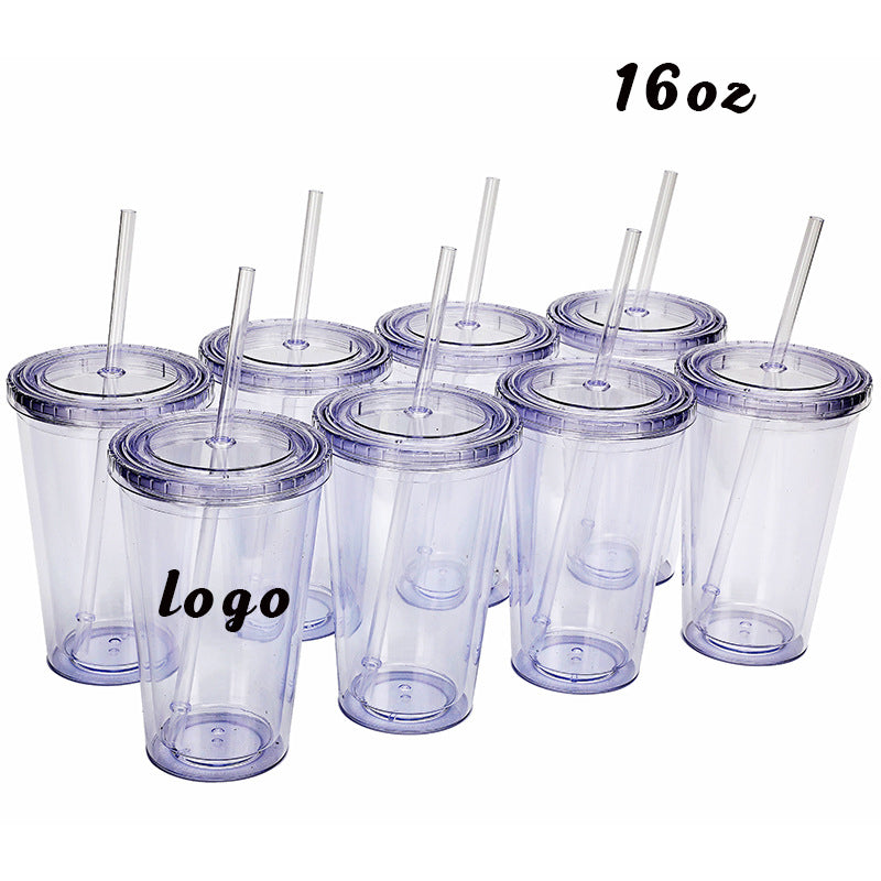Acrylic Glass Tumblers 16oz 24oz Double Wall Insulate Clear Plastic With Straw and Lid in Bulk