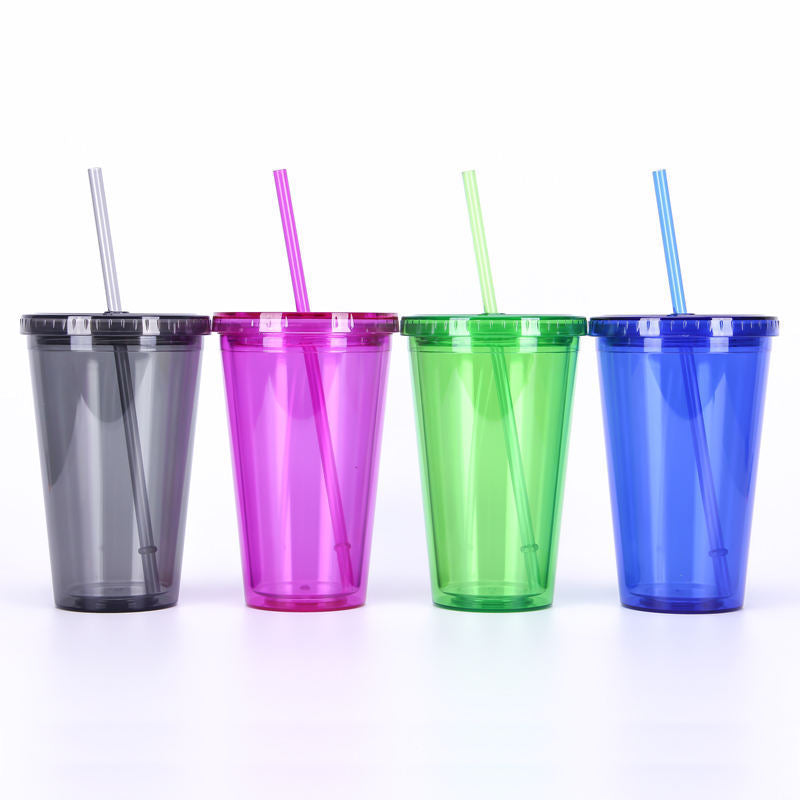 Acrylic Glass Tumblers 16oz 24oz Double Wall Insulate Clear Plastic With Straw and Lid in Bulk