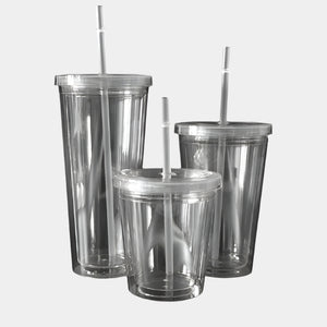 Acrylic Glass Tumblers 16oz 24oz Double Wall Insulate Clear Plastic With Straw and Lid in Bulk