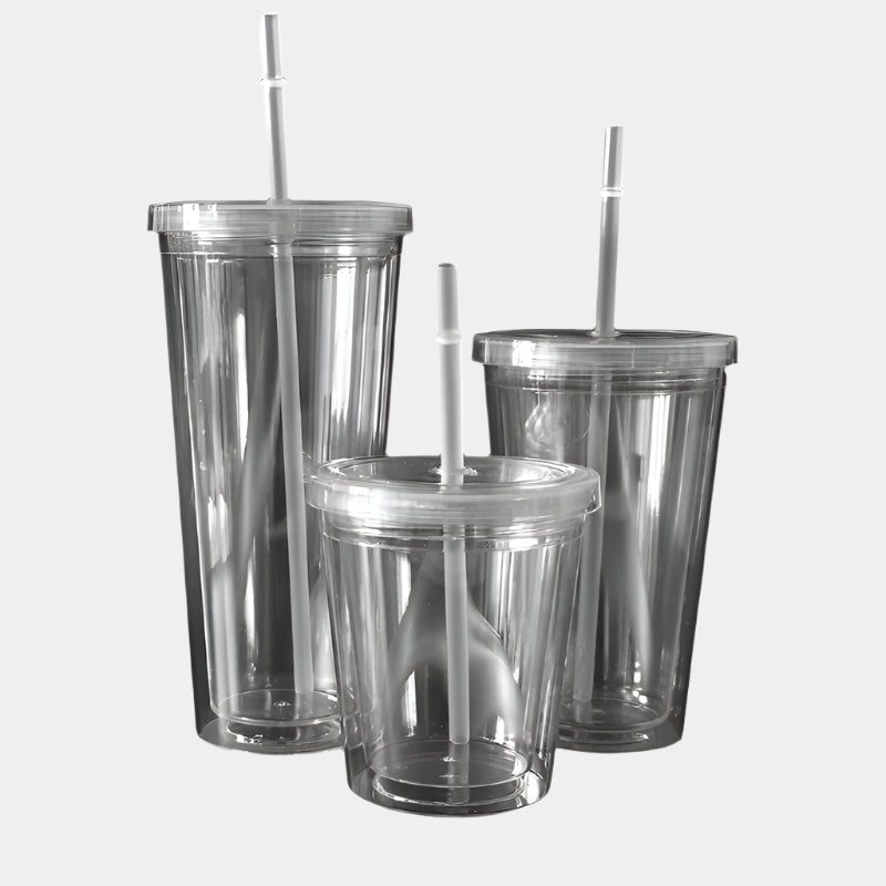 Acrylic Glass Tumblers 16oz 24oz Double Wall Insulate Clear Plastic With Straw and Lid in Bulk