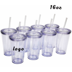 Acrylic Glass Tumblers 16oz 24oz Double Wall Insulate Clear Plastic With Straw and Lid in Bulk